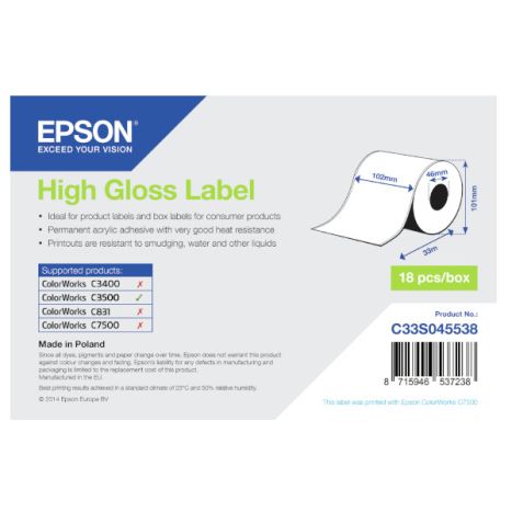 Rollo de Etiquetas EPSON High Gloss Label 102 mm x 33 mm - S045538