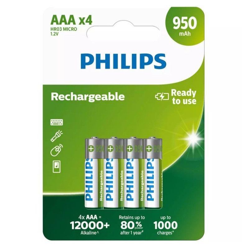 Pack 4 Pilas Recargables PHLIPS R03B4A95 - AAA · 1.2V